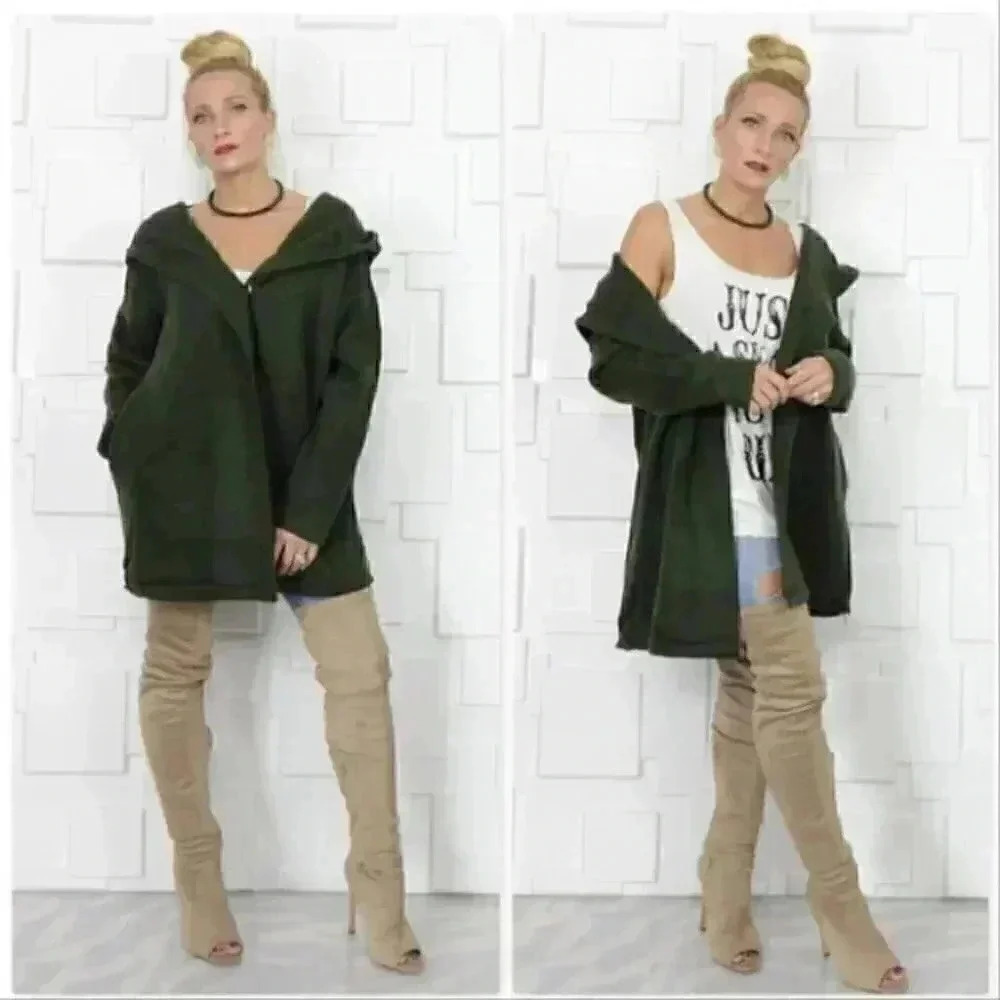 Green womens comfy hooded Knit sweater cardigan